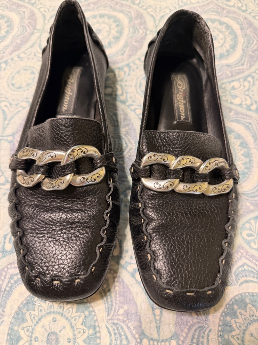 Brighton Black Leather Loafers with Silver-Tone Chain Accent